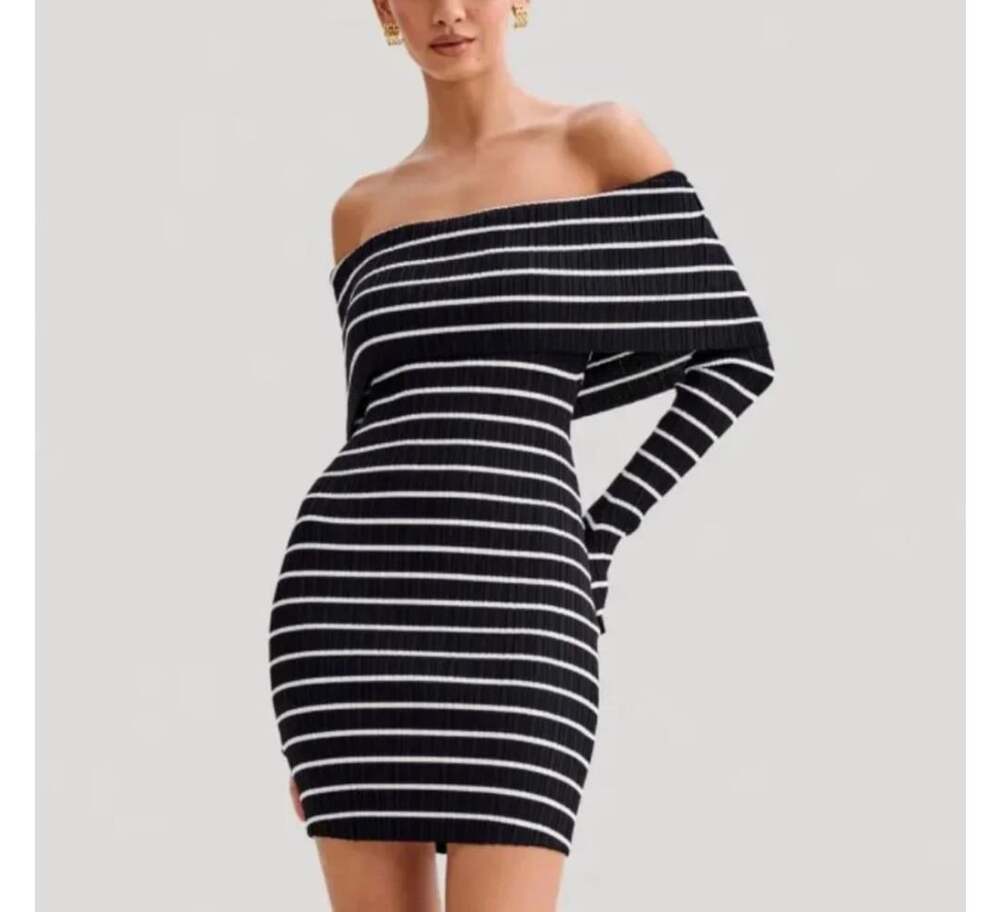 Meshki Black and White Striped Off-the-Shoulder Knit Midi Dress size xs